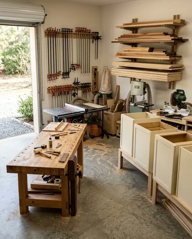 Small cabinet-making shop with a workbench, lumber and finished cabinet boxes