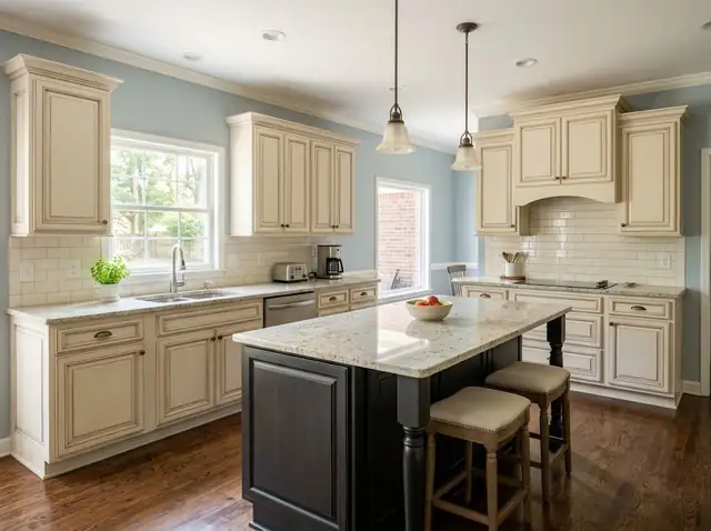 Remodeled kitchen with cream glazed cabinets, a granite island and dark wood floors