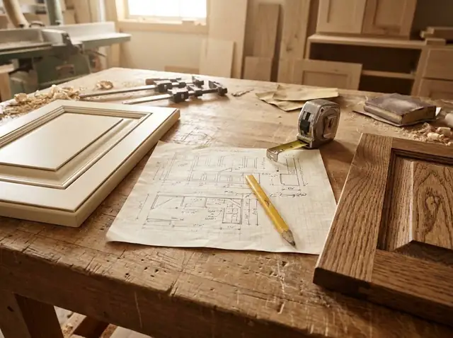 Cabinet door samples, a tape measure and a hand-drawn cabinet layout on a shop bench